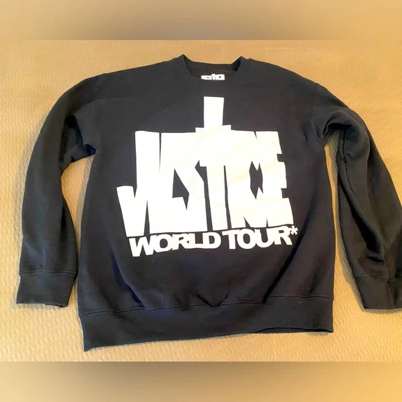 Justin Bieber black Justice tour medium unisex sweatshirt pull over pop icon EUC - Picture 1 of 6